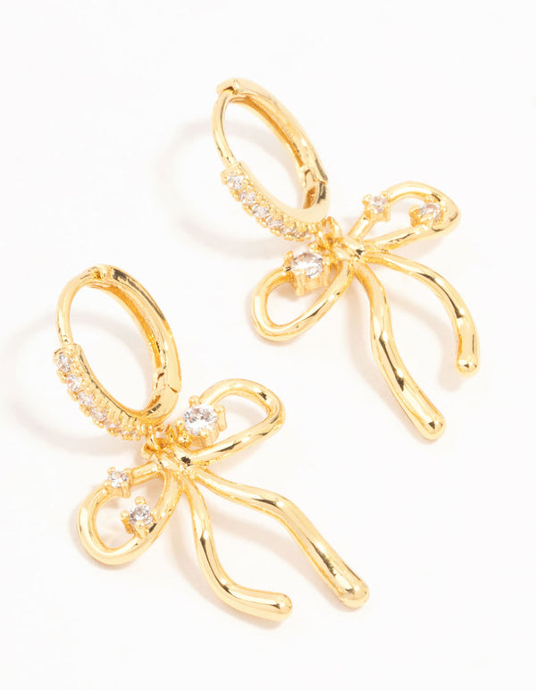 Gold Plated Cubic Zirconia Speckled Bow Huggie Earrings