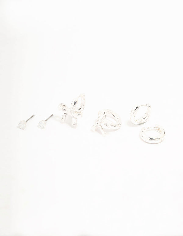 Silver Plated  Bow Huggie & Cubic Zirconia Stud Earrings 3-Pack