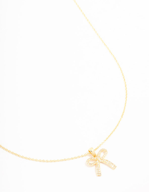 Gold Plated Pave Set Cubic Zirconia Bow Necklace