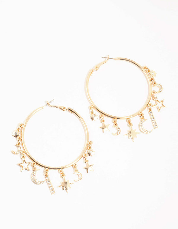 Gold Celestial Diamante Large Charm Hoop Earrings