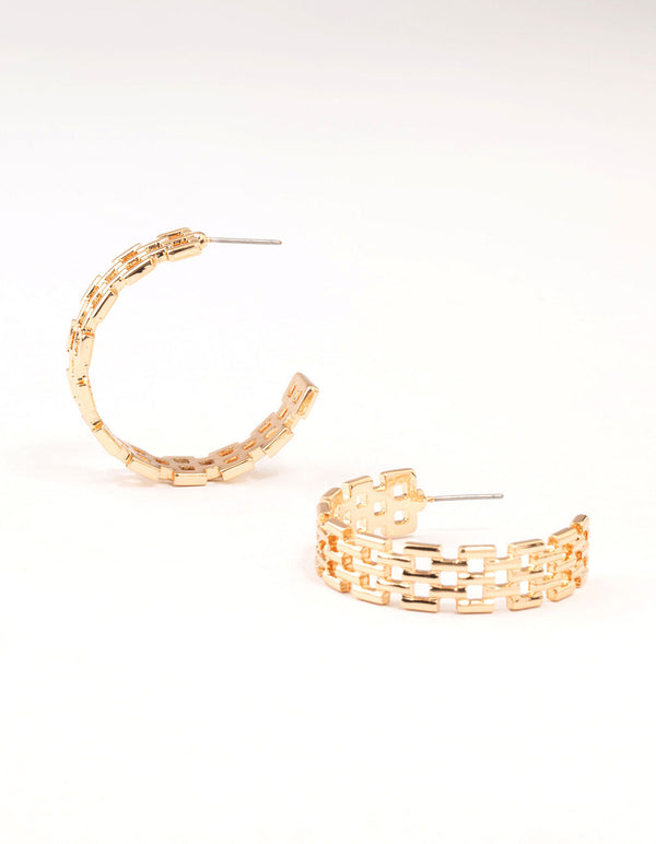 Gold Geometric Print Link Hoop Earrings