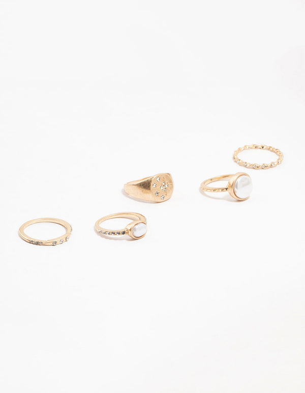 Worn Gold Pearl & Celestial Rings 6-Pack