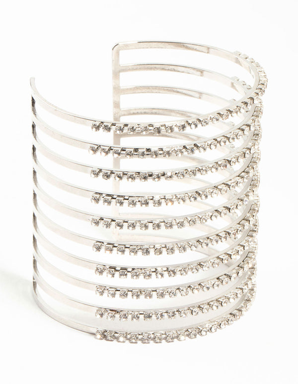 Rhodium Diamante Multirow Band Cage Wrist Cuff