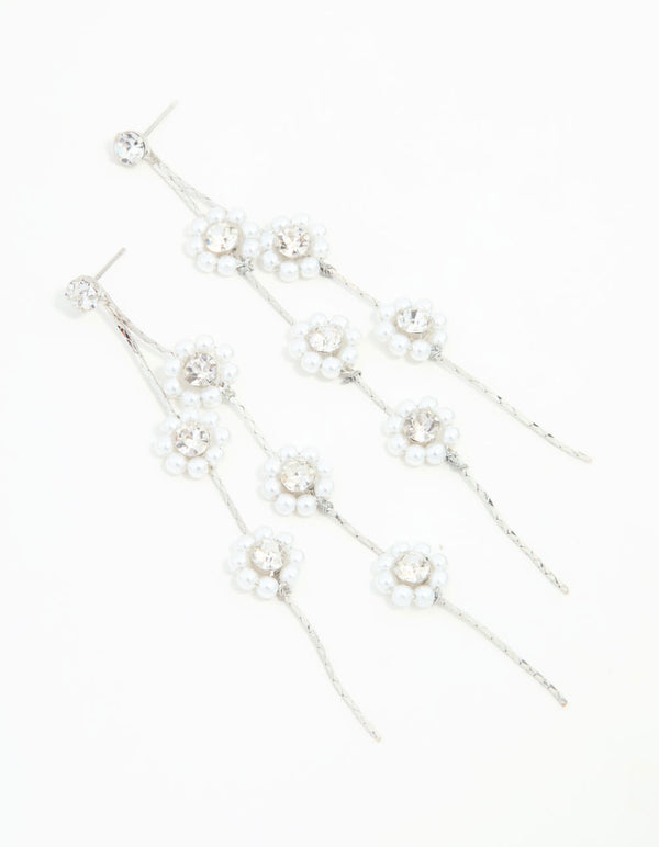 Silver Multirow Pearl & Diamante Flower Drop Earrings