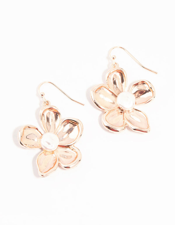 Rose Gold Flower Pearl Drop Earrings