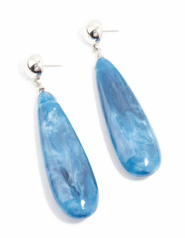 Blue Marble Long Silver Drop Earrings