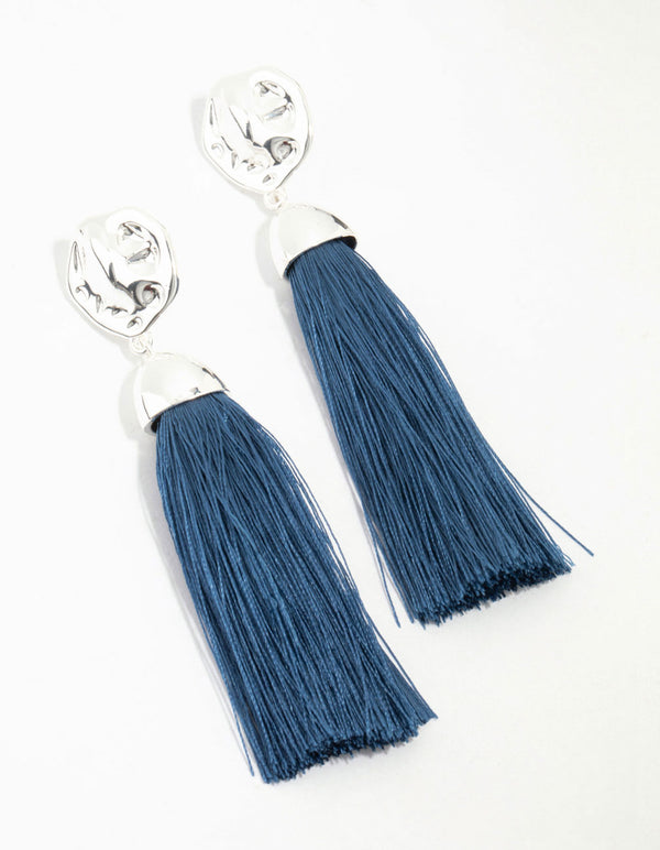 Silver Molten & Blue Tassel Drop Earrings