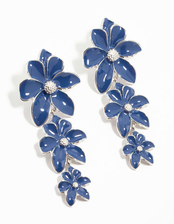 Rhodium Blue Flowers Drop Earrings