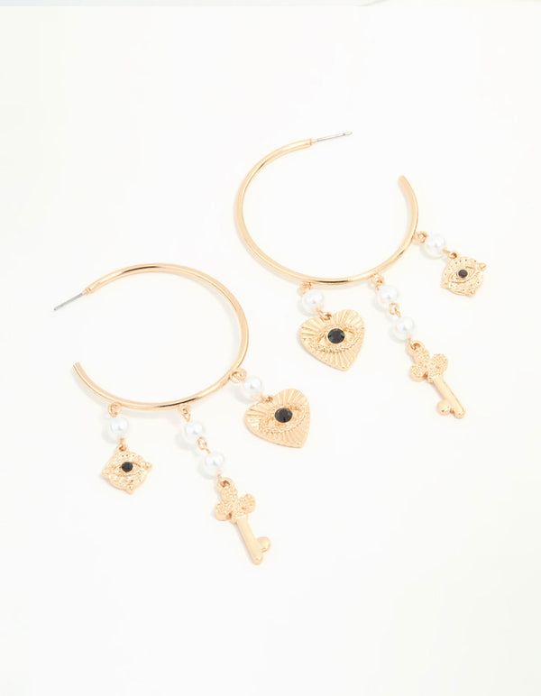 Gold Key, Pearl & Black Bead Evil Eye Charm Hoop Drop Earrings