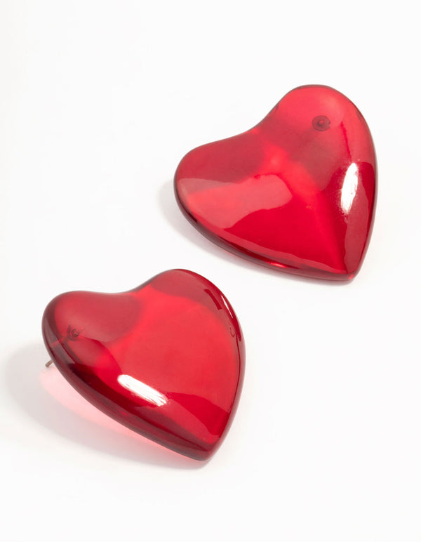 Large Red Acrylic Puffy Heart Stud Earrings