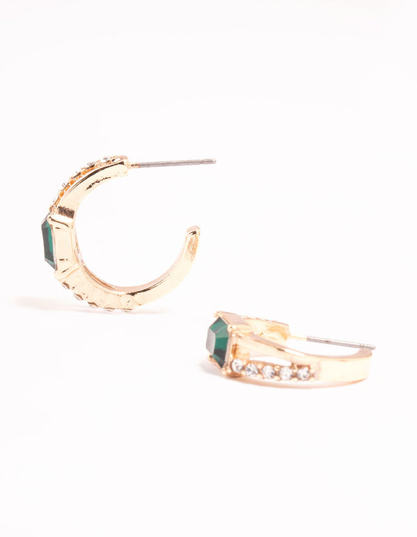 Gold Statement Stone Diamante Hoop Earrings