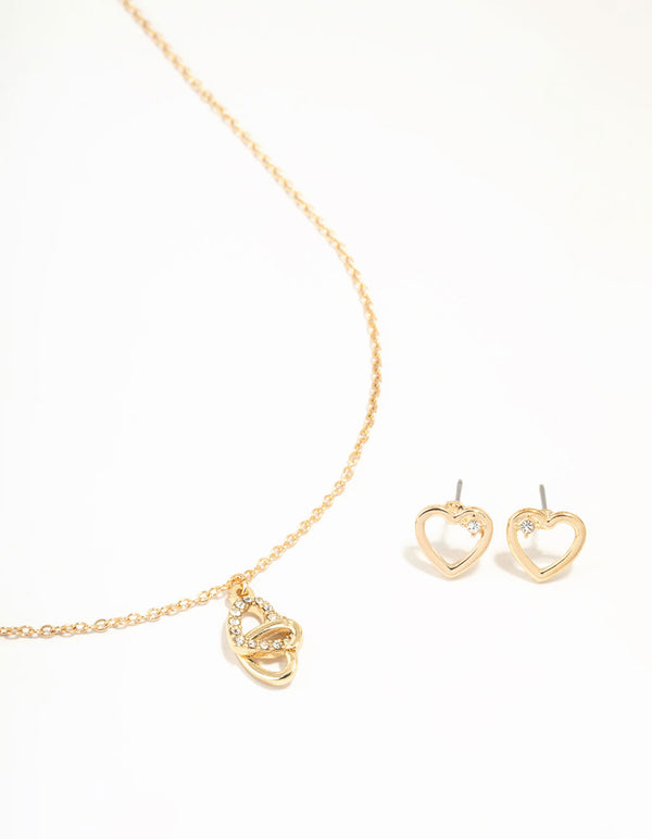 Gold Link Heart Diamante Necklace & Earrings Set