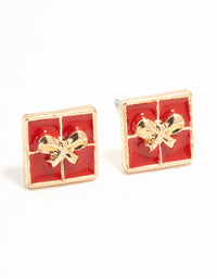 Red Enamel Present Gold Stud Earrings - link has visual effect only