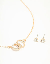 Gold Linked Circle Necklace & Stud Earrings Set - link has visual effect only