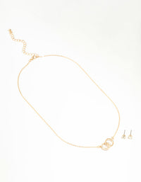 Gold Linked Circle Necklace & Stud Earrings Set - link has visual effect only