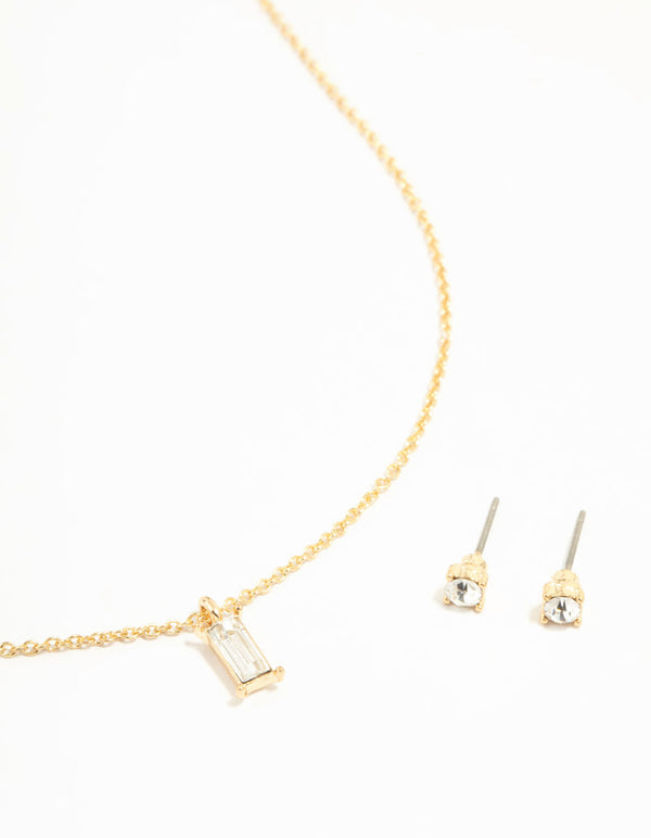 Gold Baguette Cut Diamante Necklace & Stud Earrings Set