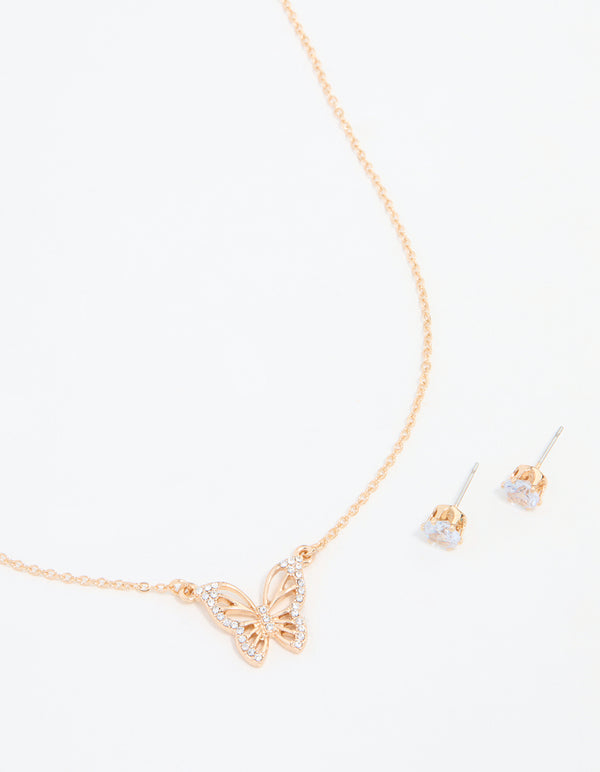 Gold Cubic Zirconia Butterfly Necklaces & Stud Earrings Pack