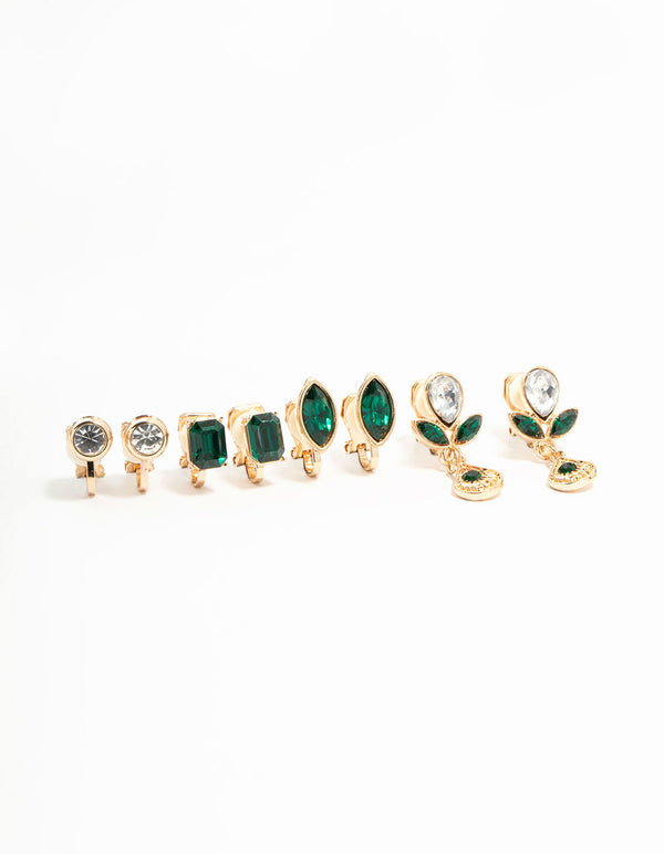 Emerald Diamante Mixed Shape Clip On Earrings 4-Pack