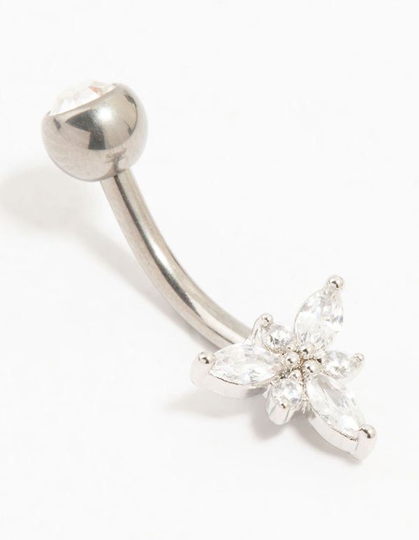 Silver Plated Titanium Cubic Zirconia Belly Bar