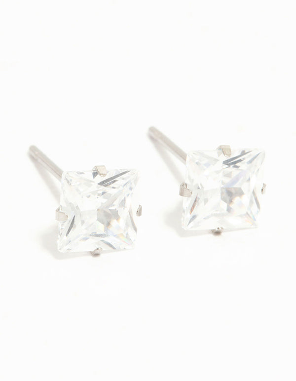 Waterproof Princess Cut Diamante Stainless Steel Stud Earrings