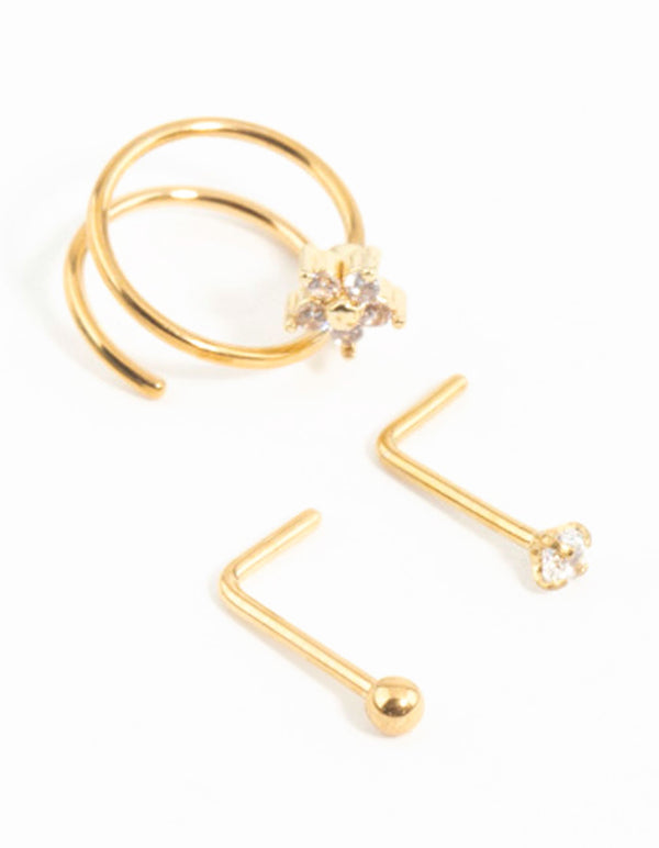 Gold Plated Surgical Steel Mini Cubic Zirconia Flower Nose Stud & Ring 3-Pack