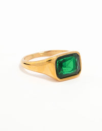 Waterproof Gold Plated Stainless Steel Opulent Green Cubic Zirconia Signet Ring - link has visual effect only