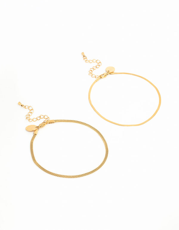 Waterproof Gold Plated Stainless Steel Mixed Snake Chain Anklets 2-Pack