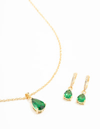 Gold Plated Emerald Teardrop Diamante Drop Necklace & Earrings Set - link has visual effect only