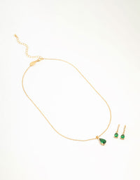 Gold Plated Emerald Teardrop Diamante Drop Necklace & Earrings Set - link has visual effect only