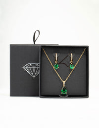 Gold Plated Emerald Teardrop Diamante Drop Necklace & Earrings Set - link has visual effect only