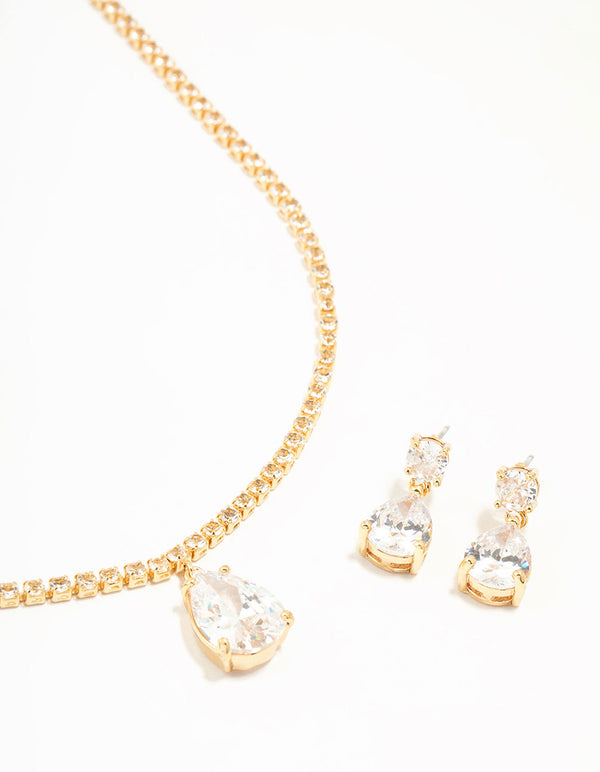 Gold Plated Cubic Zirconia Tennis Necklace & Earrings Set