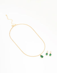 Gold Plated Emerald Diamante Tennis Necklace & Earrings Set - link has visual effect only