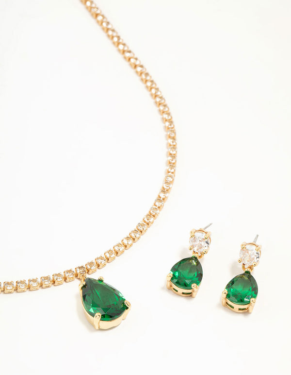 Gold Plated Emerald Diamante Tennis Necklace & Earrings Set