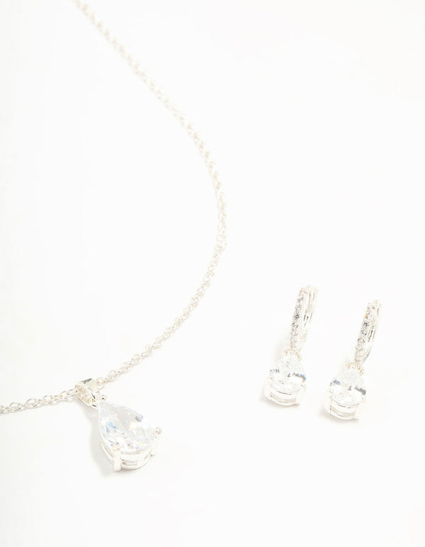 Silver Plated Cubic Zirconia Teardrop Necklace & Earrings Set