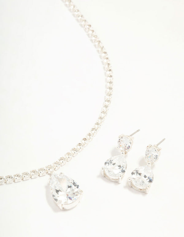 Silver  Cubic Zirconia Tennis Necklace & Earring Set