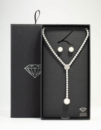 Silver Cubic Zirconia Pearl Y-Necklace & Earrings Set - link has visual effect only