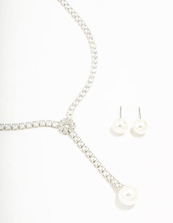 Silver Cubic Zirconia Pearl Y-Necklace & Earrings Set