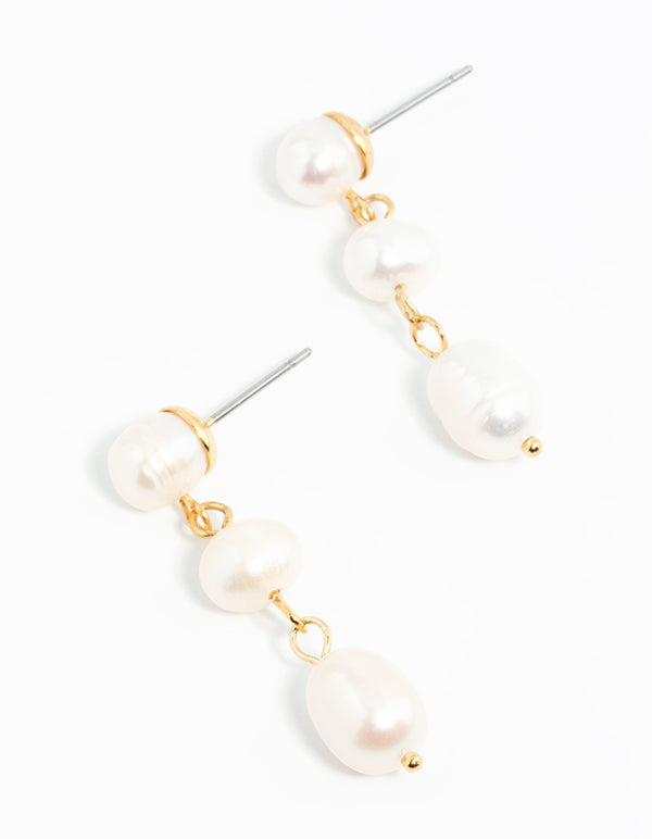 Gold Plated Freshwater Pearl Trio Drop Earrings