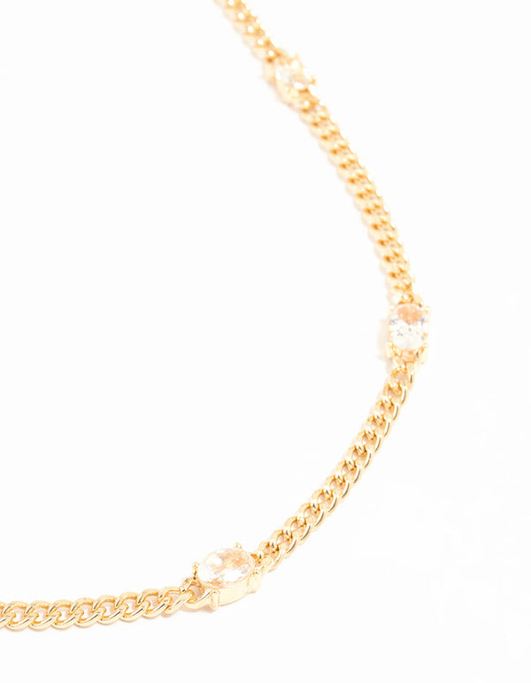 Gold Cubic Zirconia Chain Oval Stone Necklace