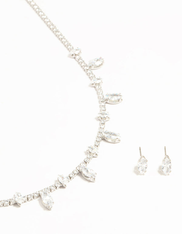 Silver Cubic Zirconia Navette Charm Earrings & Necklace Set