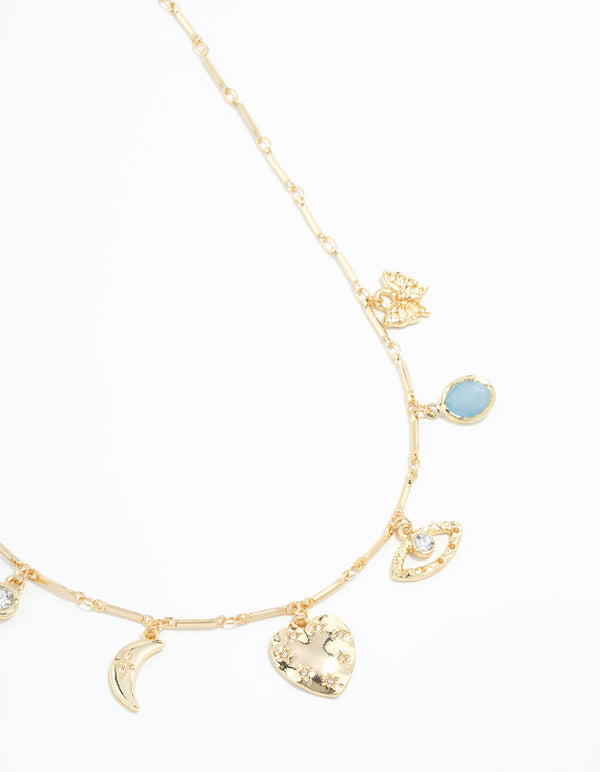 Gold Plated Heart & Moon Charm Necklace