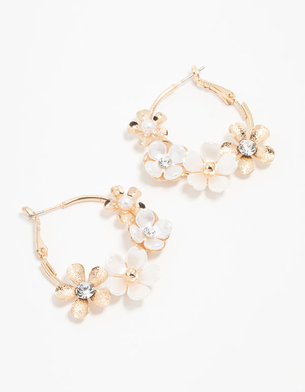 Gold Pearlised Flower Hoop Earrings