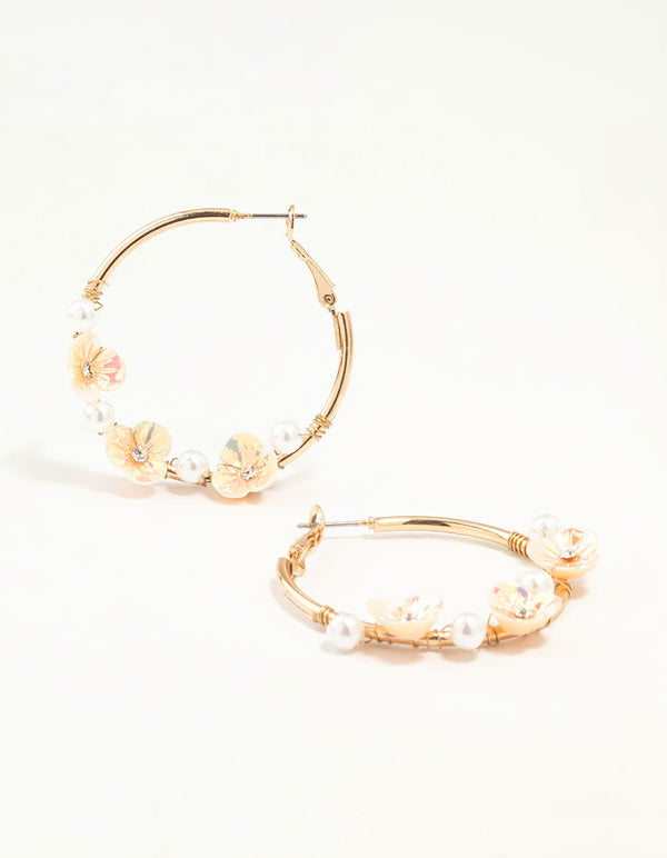 Gold Pearl & Flower Hoop Earrings