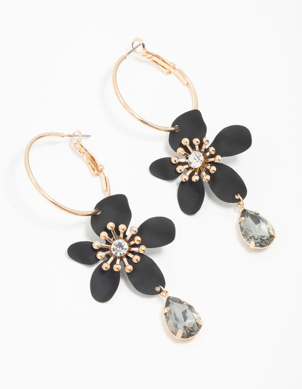 Gold Hoop Black Flower Diamante Hoop Earrings