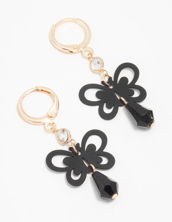 Gold Black Diamante Butterfly Huggie Earrings