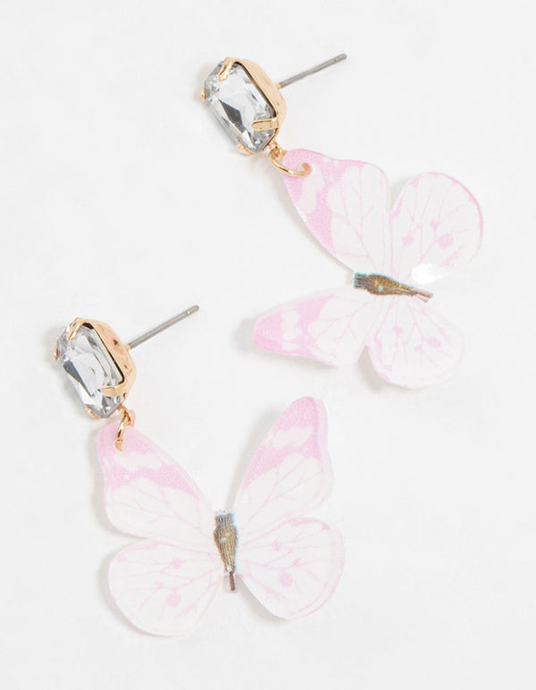 Gold Pink Butterfly & Diamante Drop Earrings