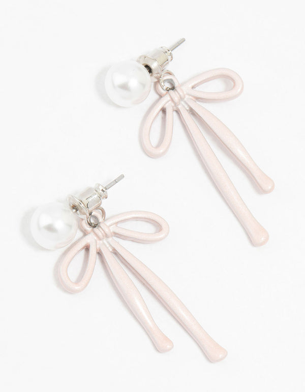 Pink Coated Metal Bow & Pearl Drop Earrings