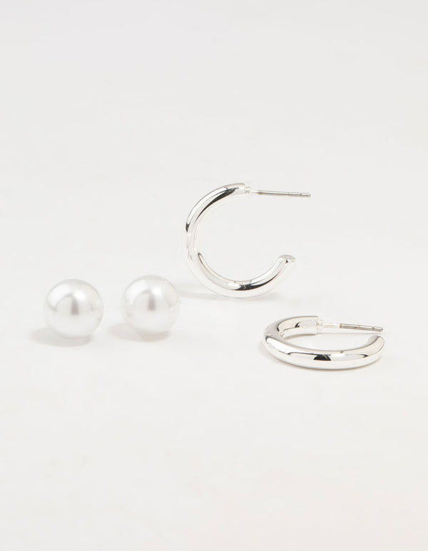 Silver Pearl Stud & Hoop Earrings 2-Pack