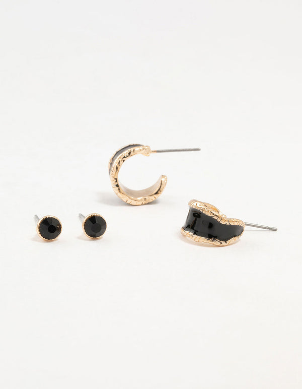 Gold Black Diamante Stud & Hoop Earrings 2-Pack