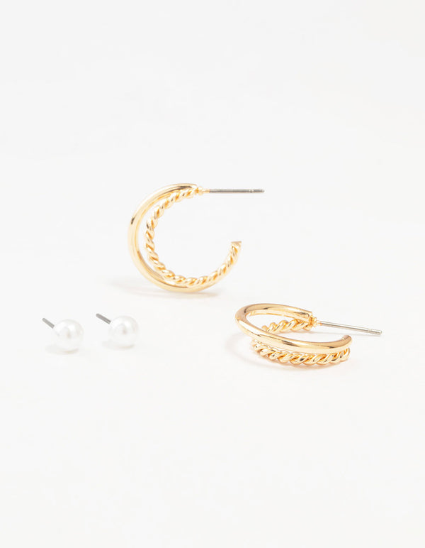 Gold Pearl Studs & Twisted Hoop Earrings 2-Pack